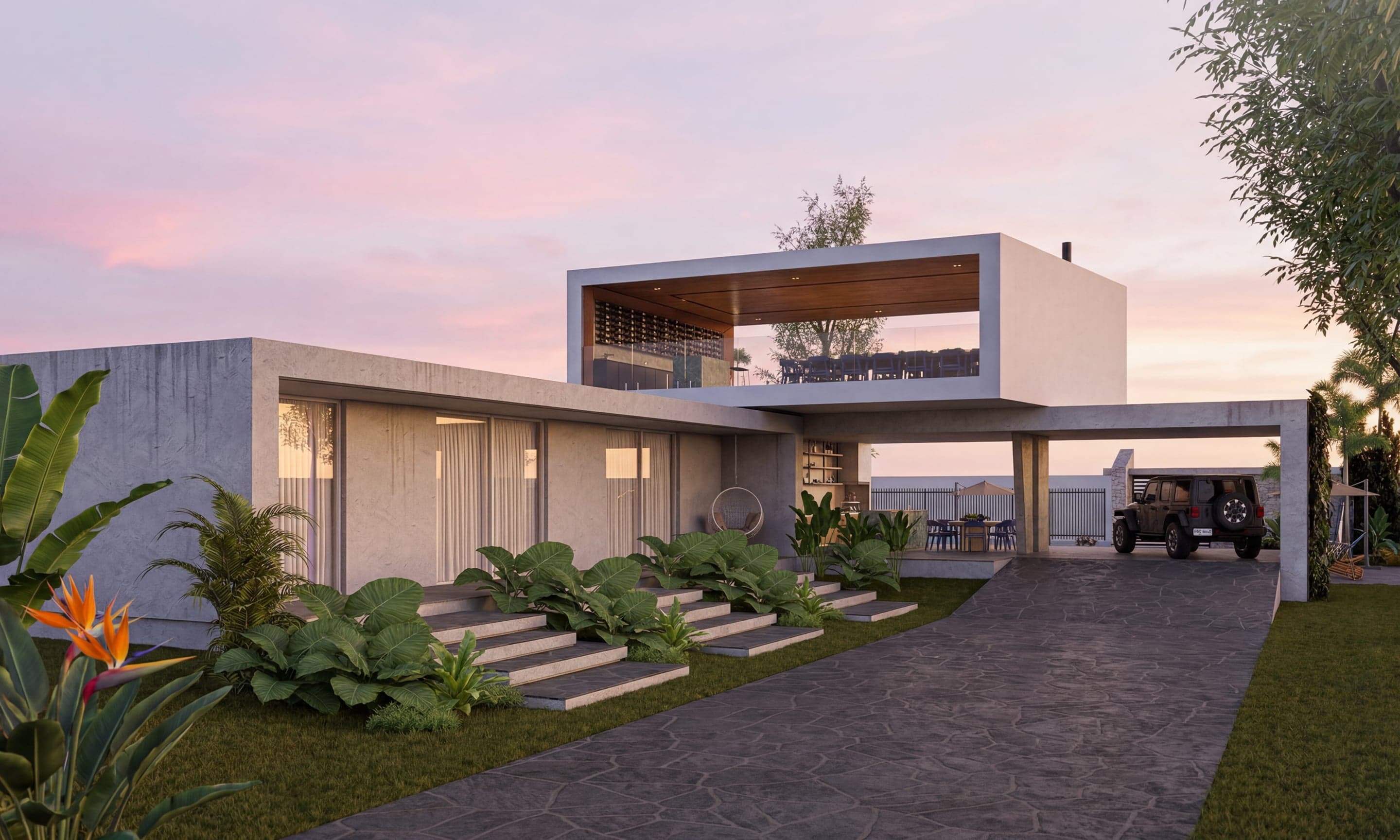 Casa contemporânea em concreto aparente ao entardecer, com jardim tropical e terraço com pergolado, projeto de arquitetura e engenharia em Cruz, Ceará