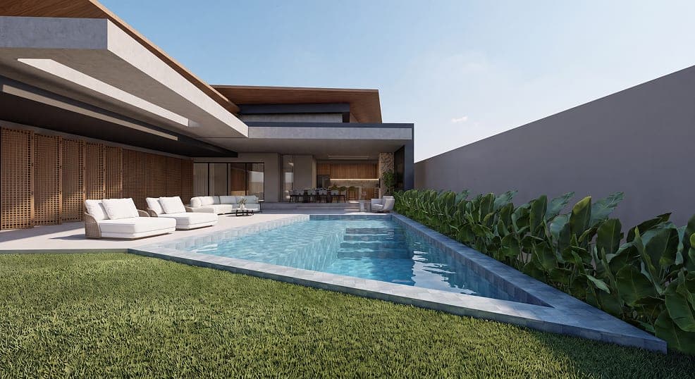 Projeto residencial com piscina, gramado e área de lazer coberta, arquitetura contemporânea no Ceará