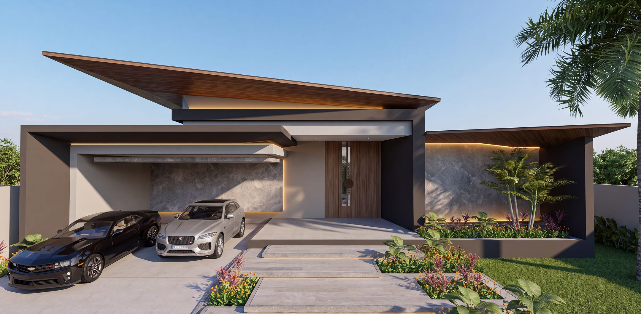Casa térrea com cobertura inclinada em madeira, garagem para dois carros e jardim, projeto de arquitetura da TRUÍV no Ceará